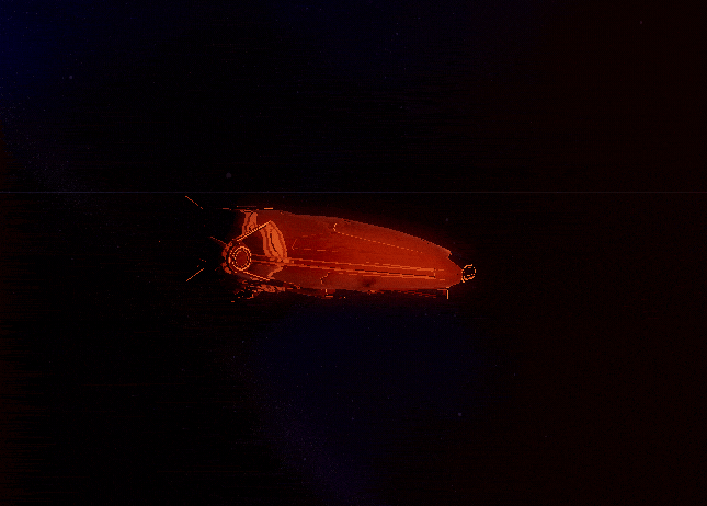 Cloaked ship dissolving into a glowing orange wireframe in dark space