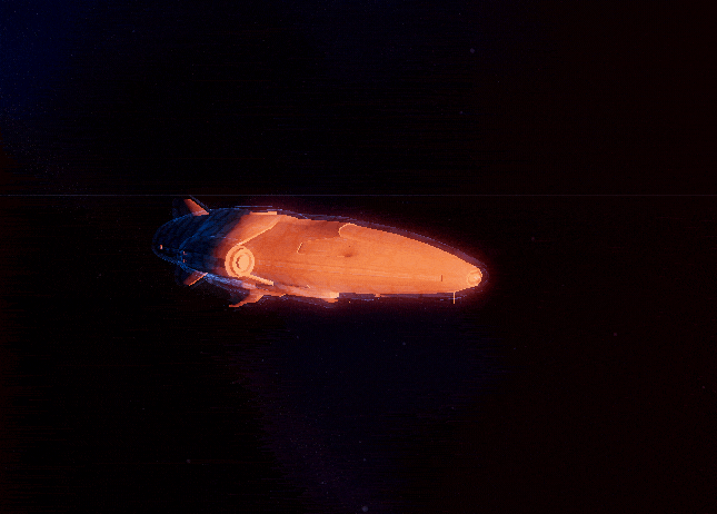 Ship wrapped in a bright orange shield flare in dark space