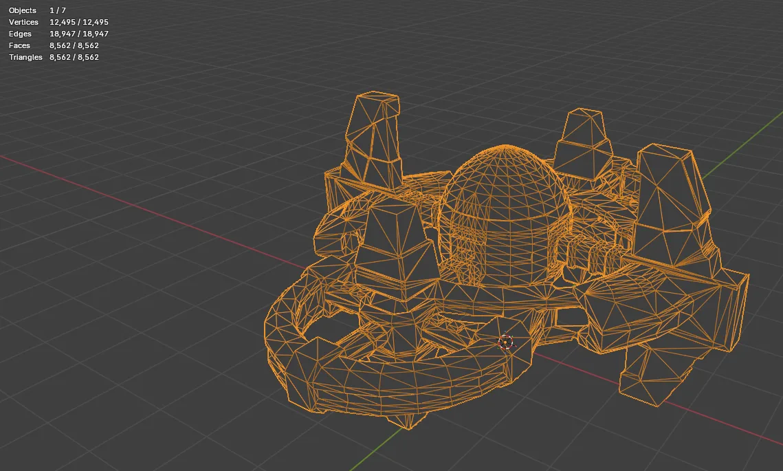 Orange wireframe of a domed station with a docking ring and towers in Blender